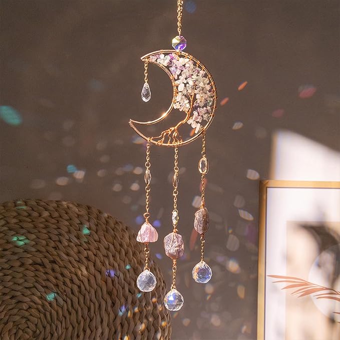 TUOKING Crystal Moon Suncatchers for Window Hanging Tree of Life Natural Healing Stones Wind Chimes Sun Catcher Rainbow Maker Good Luck Gifts Decor for Home Garden