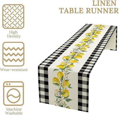 Lemon Table Runner,Black Buffalo Plaid Lemon Table Runner Farmhouse Style Spring Summer Home Kitchen Dinding Room Table Decoration 13x36 Inch