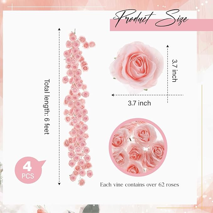 4 Pcs Pink Artificial Rose Vine Hanging Faux Flowers Garland for Wedding Anniversary Birthday Party Background Arch Garden Home Wall Room Decor