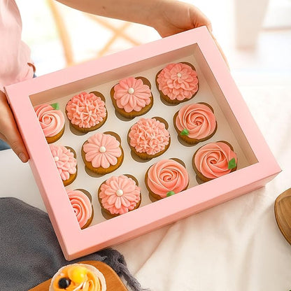 VGOODALL 12 Count Cupcake Boxes, 6PCS 13.2x9.8x4Inches Pink Cupcake Container with Window Boxes Holding 72 Pastry Box for Birthday Holiday Party Bakery Supplies
