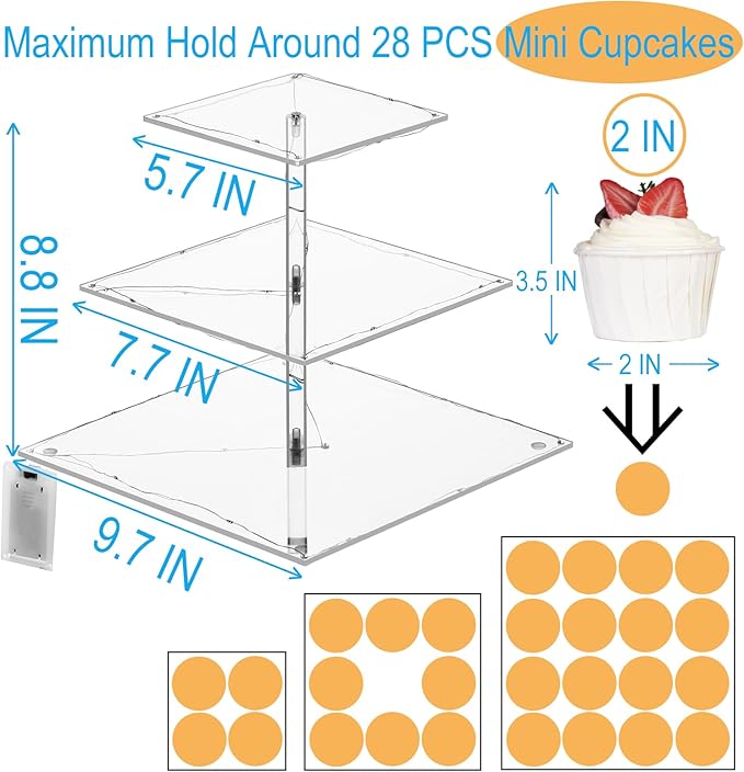 3 Tier Cupcake Stand Cupcake Holder, Acrylic Cupcake Tower with LED Yellow Light for 24 Cupcakes, Dessert Table Display Set for Birthday, Bar, Decor Weddings, Parties Events