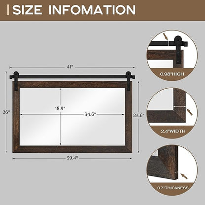 COGOOD Farmhouse Barn Door Mirror - 41 x 26 Rustic Wood Framed Wall Mirror for Bathroom, Living Room, Entryway Wall Decor (Black Brown)
