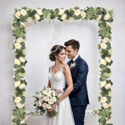 MAKHOT 2PCS 6.6Ft Artificial Eucalyptus Garland, Green Vines and Champagne Artificial Roses Combined to Form an Artificial Rose Garland for Wedding, Table, Party, Fireplace, and Home Decor.