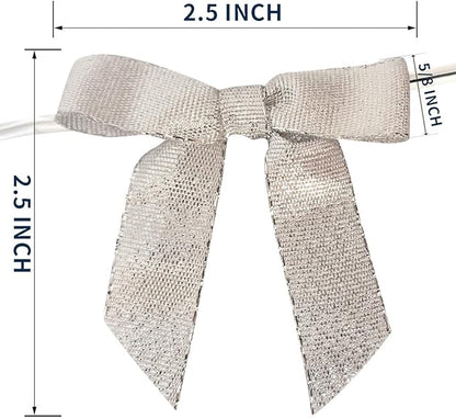 50pcs 2-1/2" Metallic Satin Silver Bows for Crafts Pretaied Christmas Bows with Twist Ties Hot Cut Tails for Christmas Decoration (Silver)