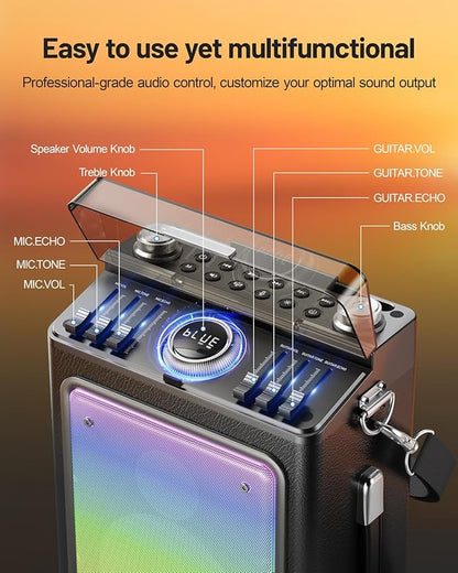 Karaoke Machine for Adults with 2 Wireless Microphones & Guitar Input, Professional Bluetooth 5.3 Speaker, Portable Wooden Karaoke PA System with Bass/Treble Adjustable for Backyard, Home Party