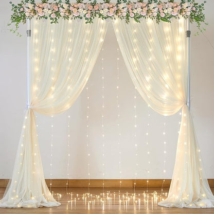 Ivory Sheer Backdrop Curtains with Lights String for Parites Wedding 10×8ft Tulle Backdrop Curtains for Baby Shower Birthday Party Photo Shoot Background Decorations