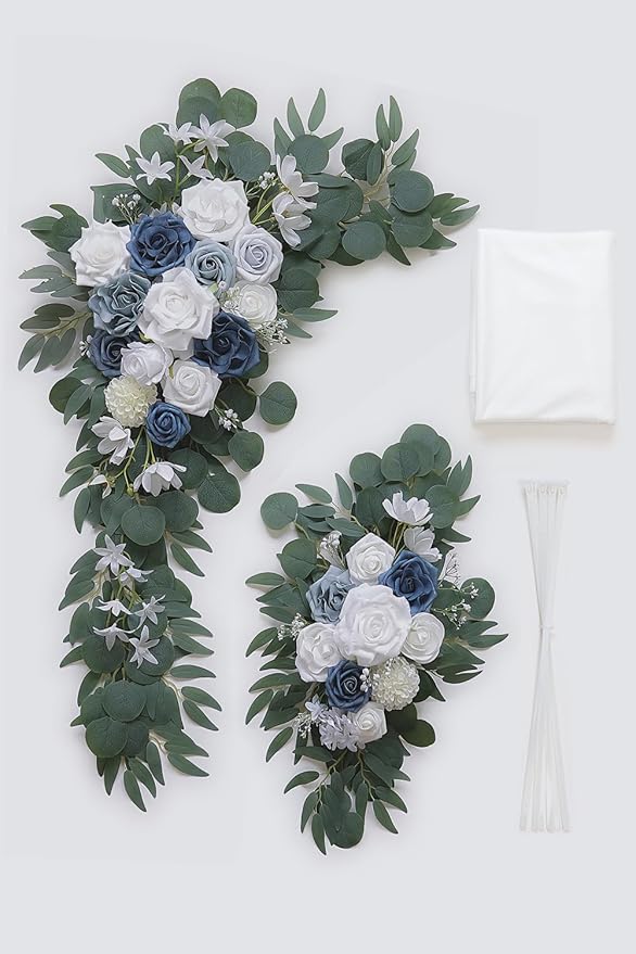 Dusty Blue Artificial Wedding Arch Flowers Kit (Pack of 3) with 26Ft White Shiny Arch Draping Fabric for DIY Wedding Party Ceremony Reception Backdrop Floral Decoration