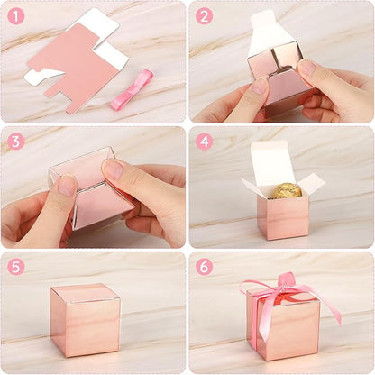 EUSOAR Candy Boxes Party Favors, 120pcs 2x2x2 Inches Mini Boxes Candy Box with Ribbons, Square Bakery Cookies Box Paper Chocolate Containers for Wedding Anniversary Bridal Party Favor Decoration