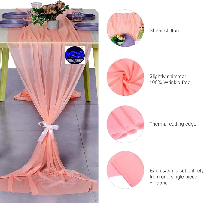MDS Halloween Chiffon Table Runner - 10 Pack, 29 x 170 Inches, 14ft Each - Sheer Spooky Table Runners for Haunted House Parties, Trick-or-Treat Tables, Witchy Décor, Wedding & Events - Peach