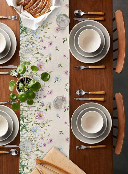 Vintage Wildflowers Cotton Linen Table Runner for Dining Kitchen, Wedding Outdoor Party Tablerunners Decoration, Farm Floral Pink Botanical Plants Dresser Scarf Coffee Tablecloth Runners 13x72 Inches