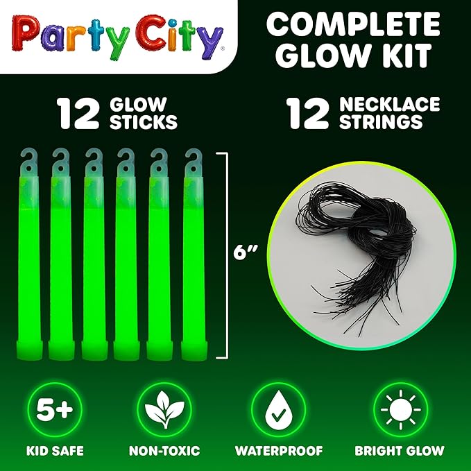 Party City Green Glow Sticks Bulk Pack 6”- 12pk Glow in the Dark Sticks for Kids, Waterproof Camping Survival Ultra Bright Emergency Light Stick with String, Neon Glowsticks Party Supplies Favors