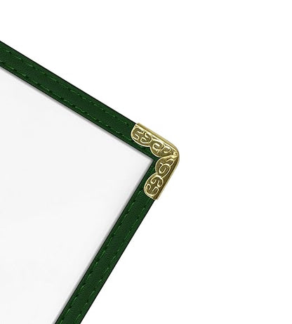 Goodsmart Restaurant Menu Covers – 25 Pack Green 2-View, Top-Loading Menu Holders, Vinyl & Plastic Café Menu Covers, Clear Menu Sleeves, Fits 5.5" x 8.5", Leather-Style Design, Gold Corners