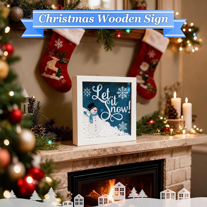 Christmas Wooden Tabletop Sign Blue Snowman with Snowflake Block Sign Xmas Table Centerpiece for Winter Holiday Party Home Shelf Fireplace Mantle Decoration