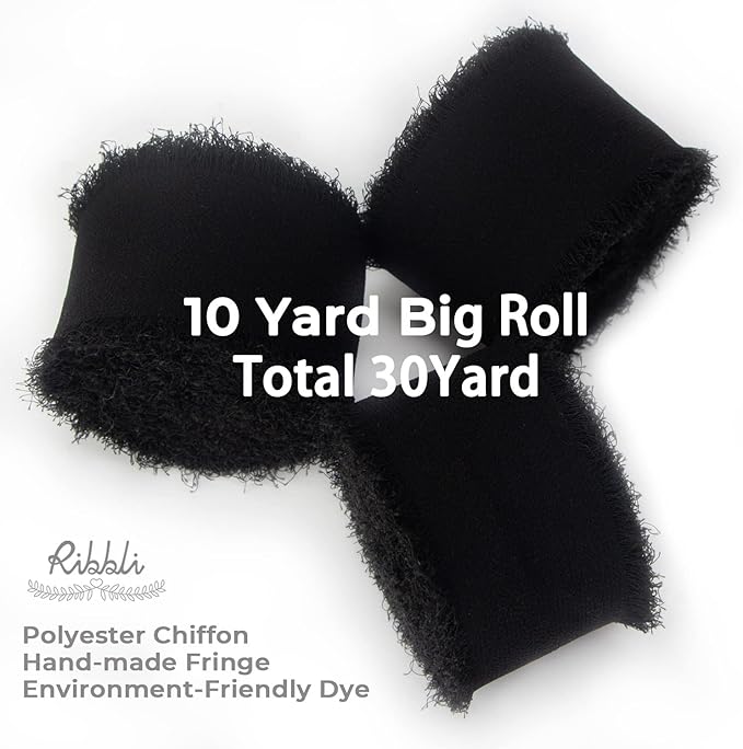 Ribbli Black Chiffon Ribbon - 1.5 inch x 30 Yard Handmade Silk, Fringe Chiffon for Wedding Invitations, Gift Wrapping, Bridal Bouquets, Flower Arrangement