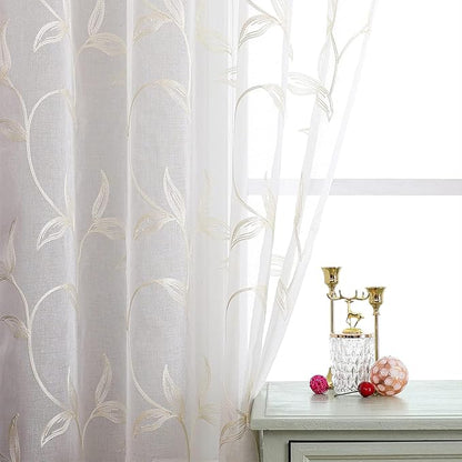 VISIONTEX Sheer Curtains 120 inch Length 2 Panels Set, White Voile Crushed Cream Vine Leaves Embroidery, Rod Pocket Embroidered Window Drapes for Living Room and Bedroom, 54" x 120"