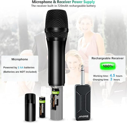 Bietrun Wireless Microphone Dynamic Mic System with Rechargeable Receiver, 1/4" Output, for Karaoke, Church, Speech, Wedding, Party Singing(160 ft Range)-Auto Connect