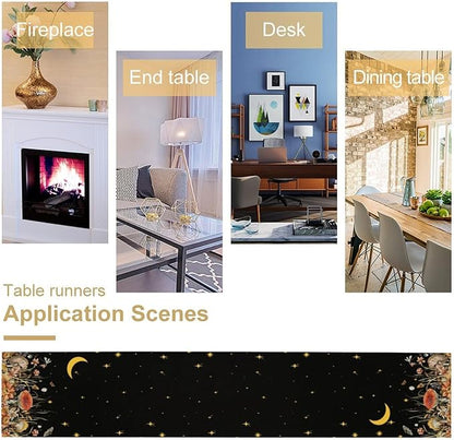 Mushroom Kitchen Table Runner, Gothic Moon Star Plants Witchy Moonlit Flower Butterfly Table Runner for Kitchen Party Living Room Drapes, 13x60 Inch Black