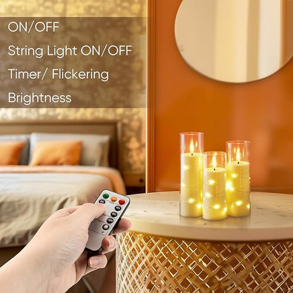 Homemory Flameless Candles with Embedded Star String Fairy Lights, Battery Operated Candles with Remote Control and Timer, Acrylic Flickering LED Candle for Fall Decor, Ivory, Set of 9, D2.2”xH5”6”7”