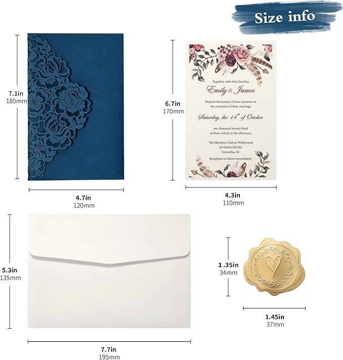 DORIS HOME 50pcs Laser Cut Wedding Invitations with Envelopes Blue, 4.7x7.1 Personalized Invitation Cards for Wedding, Anniversary Invitations with Envelopes