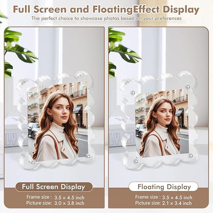 Acrylic Photo Frame 2×3inch - 3Pack Magnetic Picture Frames with 10+10mm Thick Block, Scalloped Edge Design, Double-Sided Magnet Frames for Modern Desktop Display (Clear, 2x3)