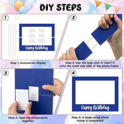 32 x 24 Inch Large Photo Booth Props Picture Frame Happy Birthday Party Frame DIY Cutouts Photo Booth Props Selfie for Party Supplies Favors (Horizontal,Blue White)