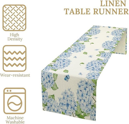 Watercolor Hydrangea Flower Table Runner, Spring Summer Seasonal Plants Butterfly Blue Dinner Runner for Home Kitchen Dining Table Party Holiday Decoration 13"x36"