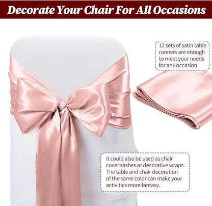 12 Pack Rose Gold Satin Table Runner,12 x 108 inch Long Premium Smooth Table Runner for Wedding, Banquets, Birthday, Party, Graduation, Engagements,Table Runners fit Rectangle and Round Table