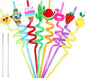 Summer Reusable Drinking Straws 24 Packs Pool Party Decorations Beach Fruit Party Favors Hawaiian Tropical Straws Goodie Bag Gifts for Birthday Party Supplies with 2 Cleaning Brushes