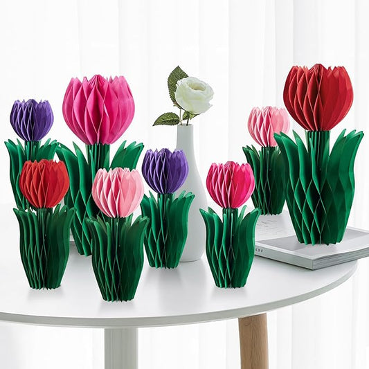 SUNBEAUTY 8 PCS Flower Honeycomb Decoration - Red Tulip Decor for Mother's Day and Spring - Table Centerpieces