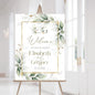 Personalized Wedding Welcome Sign, Greenery Eucalyptus Sage Gold Wedding Sign Signage 12" X 18" (Small), 27" (Medium), 36" (Large), Plastic, Modern, Pole Mount, Weather