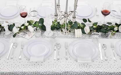 Festiva 176Pcs Silver Plastic Christmas Plates - Party Plates and Cups and Napkins Sets: 25Dinner Plates 25Dessert Plates 25Cups 25 Cutlery 25 Napkins 1Tablecloth for New Year Party&Wedding&Christmas