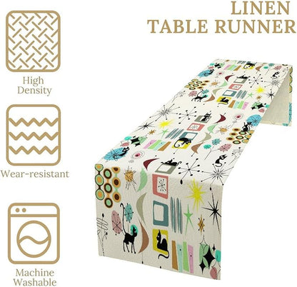 Colorful Geometric Table Runner,Vintage Mid Century Cute Cat Abstract Morden Print Tablecloth Burlap for Hotel Indoors Outdoor Dining Room Kitchen Home Decor, 13x80in