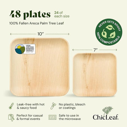 Chic Leaf Compostable & Biodegradable Palm Leaf Disposable Bamboo Plates - Disposable Party Plates for Appetizers - Camping Essentials - Reusable Party Supplies (10 & 7 Inch Square)