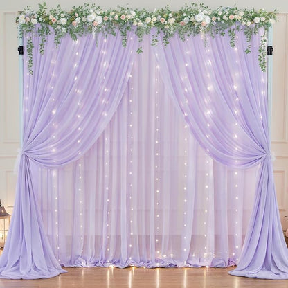10ft x 7ft Lavender Chiffon Backdrop Curtain with Lights String for Parites Wedding Wrinkle Free Curtain Photo Backdrops Drapes for Baby Shower Birthday Party Home Decorations