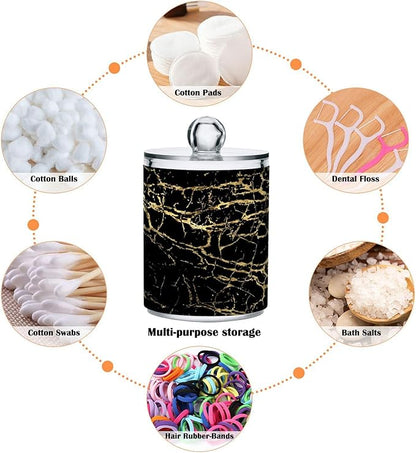Qtip Holder Dispenser 2 Pack Gold Black Marbling Bathroom Decorative Storage Canister Holder Counter Vanity Organizer for Cotton Ball Swabs Pads Floss