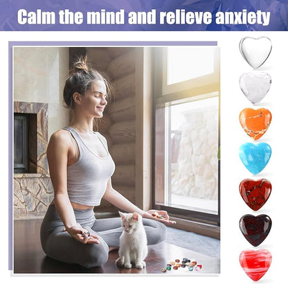100PCS Worry Stones Heart Shape Healing Crystals, Anxiety Crystal Bulk 0.8 Inch Gem Stones Rocks Crystals Natural Cute Pocket Meditation Heart Beads Wholesale Set Gifts