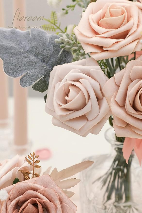 Floroom Artificial Flowers 25pcs Real Looking Morandi Peach Ombre Colors Foam Fake Roses with Stems for DIY Wedding Bouquets Bridal Shower Floral Centerpieces Party Tables Home Decorations