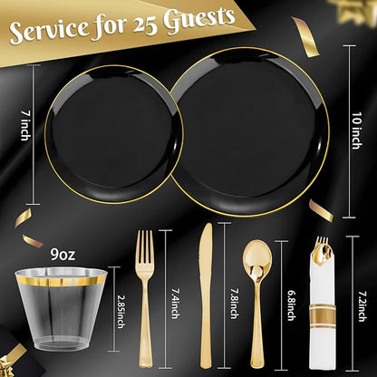 KIRE 175Pcs Black Plates Disposable - Heavy Duty Black and Gold Plastic Plates- 25 for Dinner 25 for Dessert 25 Pre Rolled Gold Silverware and 25 Cups for Birthday Party/Halloween/New Year