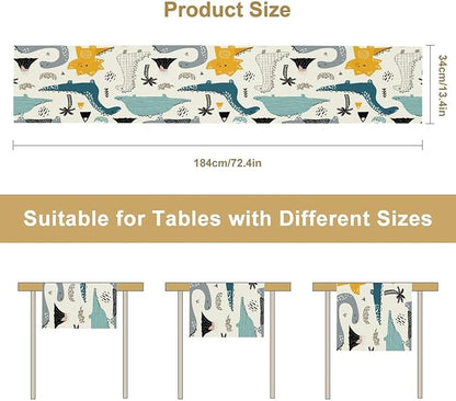 Cartoon Dinosaur Table Runner,Kids Boys Cute Various Dino Moutain Modern Abstract Print Tablecloth Burlap for Hotel Indoors Outdoor Dining Room Kitchen Holiday Party, 13x108in