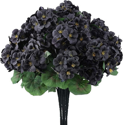 Hananona 12 Pcs Artificial Geranium Flowers for Outdoors Geranium Silk Flowers Outdoor UV Resistant Garden Plants Faux Black Flower for Home Kitchen Halloween Table Centerpieces Decor (12, Black)