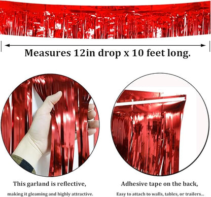 4 Pack Red Total 40 Feet Foil Fringe Garland Metallic Tinsel Banner Wall Hanging Drapes Parade Float Skirting Decorations for Trailer Mardi Gras Party Birthday Wedding Baby Shower
