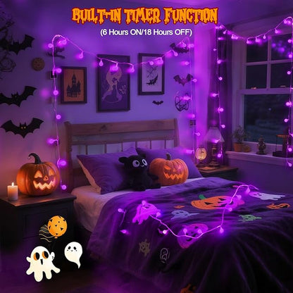 LORRYTE Connectable Purple Halloween Lights Outdoor Indoor - 43FT 100LED Globe String Lights Plug in with Timer, 13 Modes Fairy Light Waterproof for Party Halloween Decorations Bedroom Decor