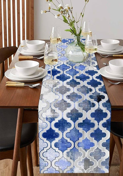 Blue Morocco Plaid Cotton Linen Table Runner for Dining Kitchen, Wedding Outdoor Party Tablerunners Decoration, Distressed Abstract Painted Vintage Dresser Scarf Coffee Tablecloth Runners 13''x120''