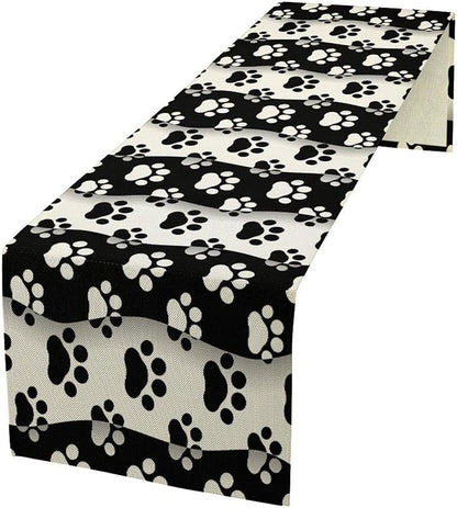 Dog Paw Table Runner,Kid Cute Animal Footprint Black White Theme Design Print Tablecloth Burlap for Hotel Indoors Outdoor Dining Room Kitchen Home Decor,W13X L36 in