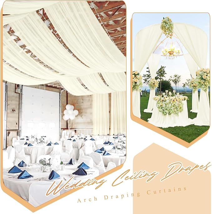 6 Panels Ivory Ceiling Drapes for Wedding 5ftx40ft Sheer Drapery Chiffon Fabric Arch Draping Curtains for Party Ceremony Birthday Baby Shower Reception Stage Ceiling Decorations