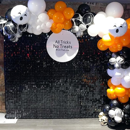 Qcity Black Shimmer Wall Backdrop 48PCS, Black Back Not See-Through Design, Square Sequin Glitter Backdrop Panel, Perfect for Outdoor Events, Birthdays, Wedding and Party Decoration