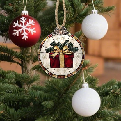 Stained Glass Christmas Decorations, Red Gift with Gold Ribbon Suncatcher for Window Christmas Tree Hanging Ornaments Retro White Sun Catcher Xmas Decor Gifts for Women Men Mom Nana Friend