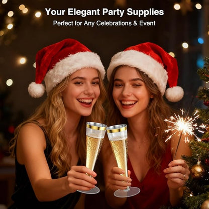 100 Pack Champagne Flutes Plastic Wine Glasses Disposable, 4.5 Oz Gold Rim Mimosa Glasses for 2025 Engagement Wedding Birthday New Years Eve Xmas Party Supplies, Bulk Toasting Cocktail Cups