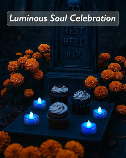 Raycare Blue LED Tea Lights Battery Operated, 200+Hour Flickering Votive Candles,Realistic Fake Flameless Tea Lights for Wedding Party Halloween Thanksgiving Christmas Decorations, 24 Pack