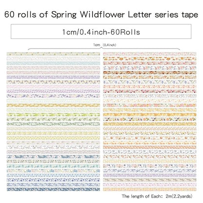 60 Rolls Flowers Theme Washi Tape Set with Different Colorful Patterns, Writable Decorative Tapes for Scrapbooking, Bible Journaling, Bullet Journaling, 0.39'' x 79'' per Roll